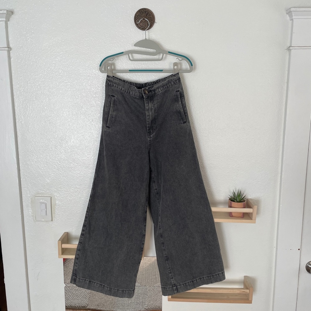 Grade & Gather Washed Black Wide‎ Leg Denim Pants Elastic Waist Size M
